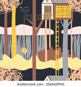 The seamless organic  pattern with treehouse in scandinavian forest. Hand drawn overlapping nature background for your design.Textile, blog decoration, banner, poster, wrapping paper.