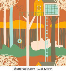 The seamless organic  pattern with treehouse in scandinavian forest. Hand drawn overlapping nature background for your design.Textile, blog decoration, banner, poster, wrapping paper.