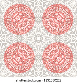 Seamless Orient Pattern made of Ethnic Mandalas. Lacy Grid  for Rapport, Print, Textile. Damask Ornament for Wallpaper in Vintage Style. Islam, Arabic, Indian, Ottoman Pattern
