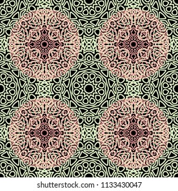Seamless Orient Pattern made of Ethnic Mandalas. Lacy Grid  for Rapport, Print, Textile. Damask Ornament for Wallpaper in Vintage Style. Islam, Arabic, Indian, Ottoman Pattern