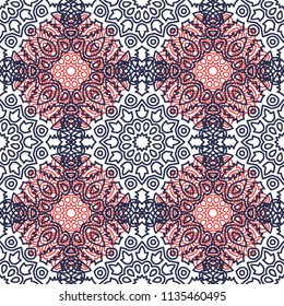 Seamless Orient Pattern made of Ethnic Mandalas. Lacy Grid  for Rapport, Print, Textile. Damask Ornament for Wallpaper in Vintage Style. Islam, Arabic, Indian, Ottoman Pattern