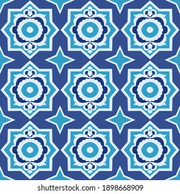 Seamless oriental Arabian or Uzbek style damask islamic pattern in deep blue and turquoise colors. Vintage boho ornament for background, textile or wallpapers.  Vector stock illustration.