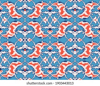 Seamless oriental Arabian or Uzbek style damask islamic pattern in blue and orangecolors. Vintage boho arabesque ornament for background, textile or wallpapers. Vector stock illustration.