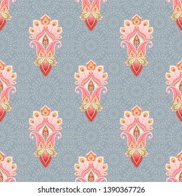 Seamless oriental background. Ornament with peacock feathers flowers and round abstract backdrop