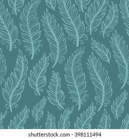 Seamless oriental boho pattern with feathers. Turquoise colors. Hand drawn repeating background texture. Clothes design, wallpaper, wrapping. Changeable colors.