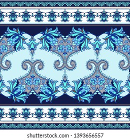 Seamless oriental border with paisley, decorative stripes, fantastic flowers. Floral wallpaper. Decorative ornament for fabric, textile, wrapping paper.