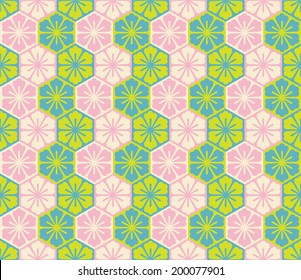 Seamless oriental cherry blossom pattern with pink green and blue colors