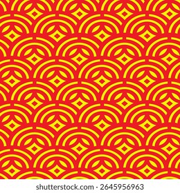 Seamless oriental Chinese pattern with red and yellow arcs and diamond shapes in traditional festive background design.