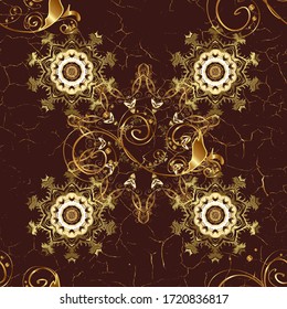 Nahtloses orientalisches klassisches goldenes Muster. Abstrakter Vektorhintergrund mit goldenen, sich wiederholenden Elementen auf braunen und beigen Farben.