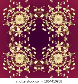 Patrón dorado clásico oriental sin inconfundibles. Fondo abstracto vectorial con elementos repetitivos dorados en colores violeta y rojo.