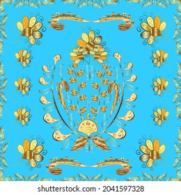 Seamless oriental classic golden pattern. Vector abstract background with golden repeating elements on a blue, brown and yellow colors.