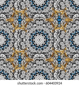 Seamless oriental classic golden pattern. Vector abstract background with repeating elements on blue background. Vector illustration.