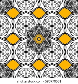 Seamless oriental classic white pattern. Vector abstract background with repeating elements on yellow background. Vector illustration.