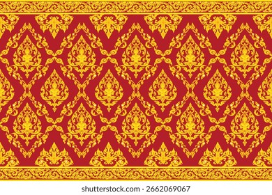 Patrón de damasco floral oriental sin costuras con motivos de arte tailandés tradicional en rojo y oro. Ideal para tela, Fondo de pantalla, envoltura, alfombra y diseño decorativo.
