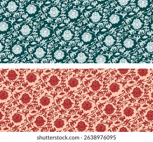Seamless oriental floral pattern in red, white  pink, and lightolive green. Intricate stylized flowers  swirling vines create elegant, traditional backgrounds, textiles, and digital wallpapers.