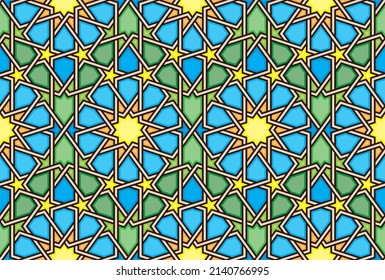 Seamless Oriental Geometric Vector Pattern 5 - Moorish Art from the Alhambra in Granada, Spain - Endless Repeatable Background Tile - Easy to Color Edit