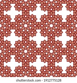 Nahtlose geometrische Tapete mit orientalischem Hintergrund, sich wiederholende Sternmuster in Rot-Tönen, weißer Hintergrund. Ideal für die Dekoration von Stoffen, Textilien, Geschenkverpackungen, gedruckten Materialien und Werbung.