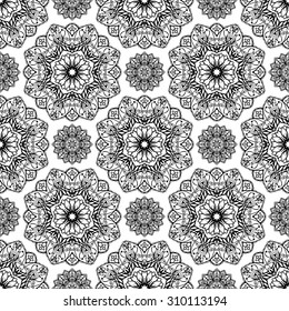 Seamless, oriental, graphic pattern of mandalas on a white background. Vector elegance ornament. Stencil for wall. Template for any surface.