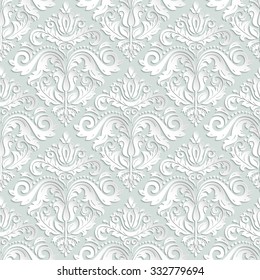 Seamless oriental light blue and white ornament. Fine vector traditional oriental pattern with 3D elements, shadows and highlights