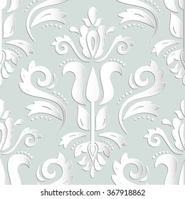 Seamless oriental light blue and white ornament. Fine vector traditional oriental pattern with 3D elements, shadows and highlights
