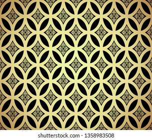 Seamless with oriental motif. Black and gold damask background. Pattern with filigree ornaments. Vector illustration.