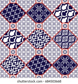 Seamless with oriental motif. Colorful patchwork background. Set of pattern with filigree ornaments. Vector illustration.
