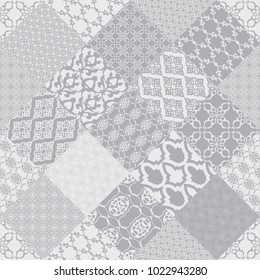 Seamless with oriental motif. Grey patchwork background. Set of pattern with filigree ornaments. Vector illustration.