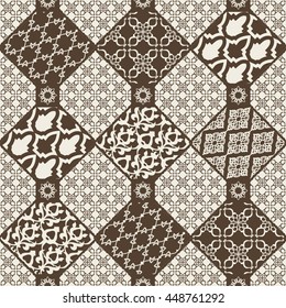 Seamless with oriental motif. Monochrome patchwork background. Set of pattern with filigree ornaments. Vector illustration.