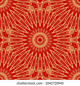 Seamless oriental ornament. Floral, geometric style. Vector illustration. Red and gold color.