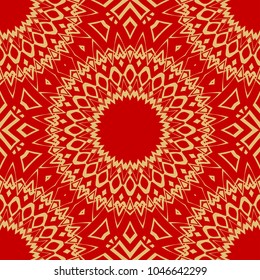 Seamless oriental ornament. Floral, geometric style. Vector illustration. Red and gold color.