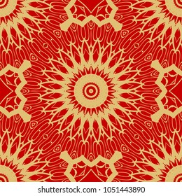 Seamless oriental ornament. Floral, geometric style. Vector illustration. Red and gold color.