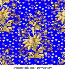 Seamless oriental ornament in the style of baroque. Traditional classic golden vector pattern on blue, beige and brown colors with golden elements.