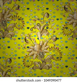 Seamless oriental ornament in the style of baroque. Traditional classic golden vector pattern on yellow, brown and neutral colors with golden elements.