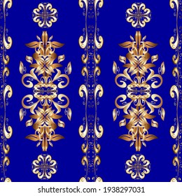 Seamless oriental ornament in the style of baroque. Traditional classic vector golden seamless pattern. Golden elements on beige, brown and blue colors.