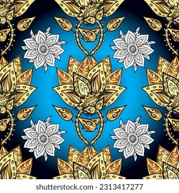 Seamless oriental ornament in the style of baroque. Traditional classic golden vector pattern on blue, yellow and black colors with golden elements. Blue gradient.