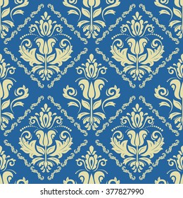 Seamless oriental ornament in the style of baroque. Traditional classic vector pattern. Blue and yellow wallpaper