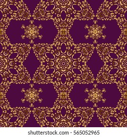 Seamless oriental ornament in the style of baroque on a purple background. Traditional classic vector golden pattern.