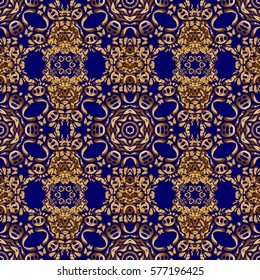 Seamless oriental ornament in the style of baroque on a blue background. Traditional classic vector golden pattern.