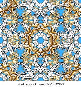 Seamless oriental ornament in the style of baroque. Traditional classic golden vector pattern on blue background with golden elements.