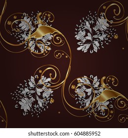 Seamless oriental ornament in the style of baroque. Vector traditional classic golden pattern with white doodles on brown background.