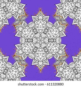 Seamless oriental ornament in the style of baroque. Vector traditional classic golden pattern with white doodles on violet background.