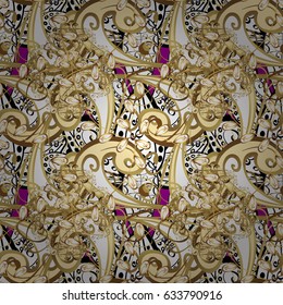 Seamless oriental ornament in the style of baroque. Traditional classic golden vector pattern on magenta background with golden elements.