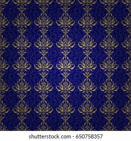 Seamless oriental ornament in the style of baroque on a blue background. Traditional classic vector golden pattern.