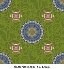 Seamless oriental ornament in the style of baroque in green and blue colors. Traditional classic vector pattern.