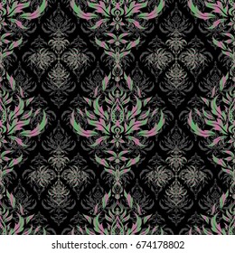 Seamless oriental ornament in the style of baroque on a black background in green and pink colors. Traditional classic vector pattern.