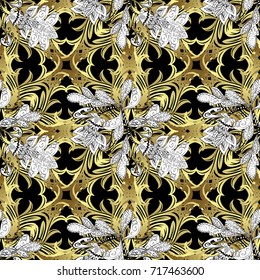 Seamless oriental ornament in the style of baroque. Vector traditional classic golden pattern with white doodles on black, neutral and white colors.