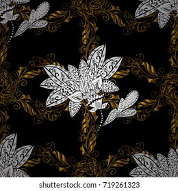 Seamless oriental ornament in the style of baroque. Traditional classic golden vector pattern on black, white and brown colors with golden elements.