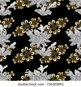 Seamless oriental ornament in the style of baroque. Traditional classic golden vector pattern on black, neutral and gray colors with golden elements.