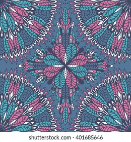 Seamless oriental ornamental pattern. Hand drawn mandala texture with dots. Vector decorative background with floral and geometric ornament. Boho festival style. Ethnic style: arabic or indian.