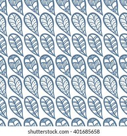 Seamless oriental ornamental pattern. Hand drawn. Vector decorative background with geometric ornament. Boho festival style. Ethnic style: arabic or indian. White background with blue details.